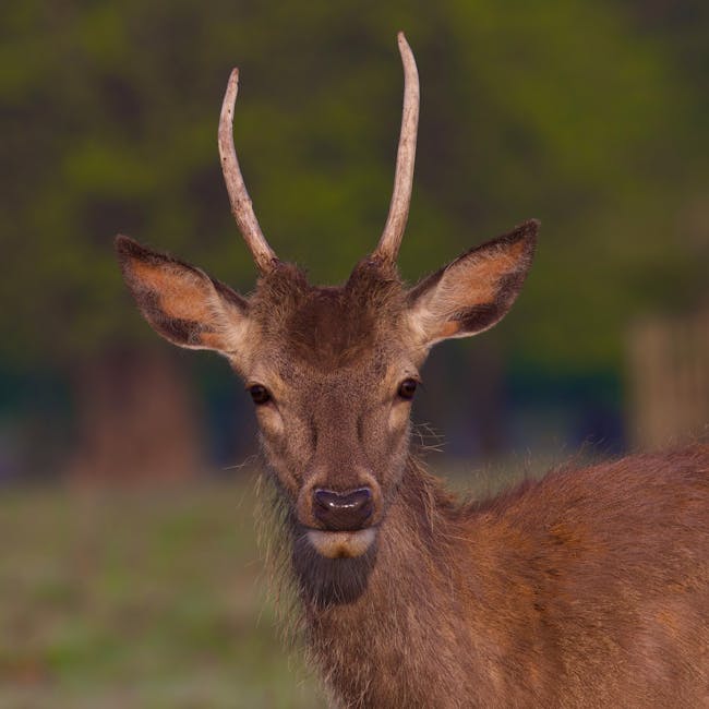 A close-up of a brown deer with slender, slightly curved antlers, standing outdoors in a garden setting. The deer has large, alert ears, dark eyes, and a smooth coat of fur. The garden background feat